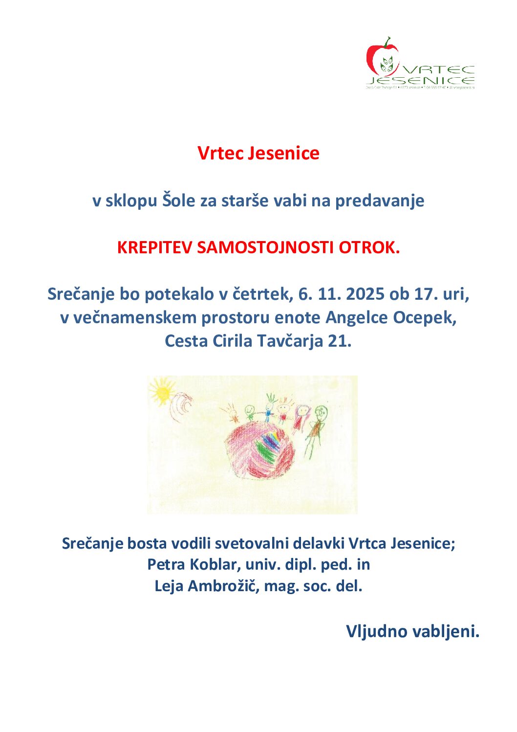 Vabilo na predavanje Šola za starše Krepitev samostojnosti