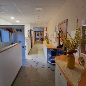 Hodnik pred igralnicami obdan s ptički