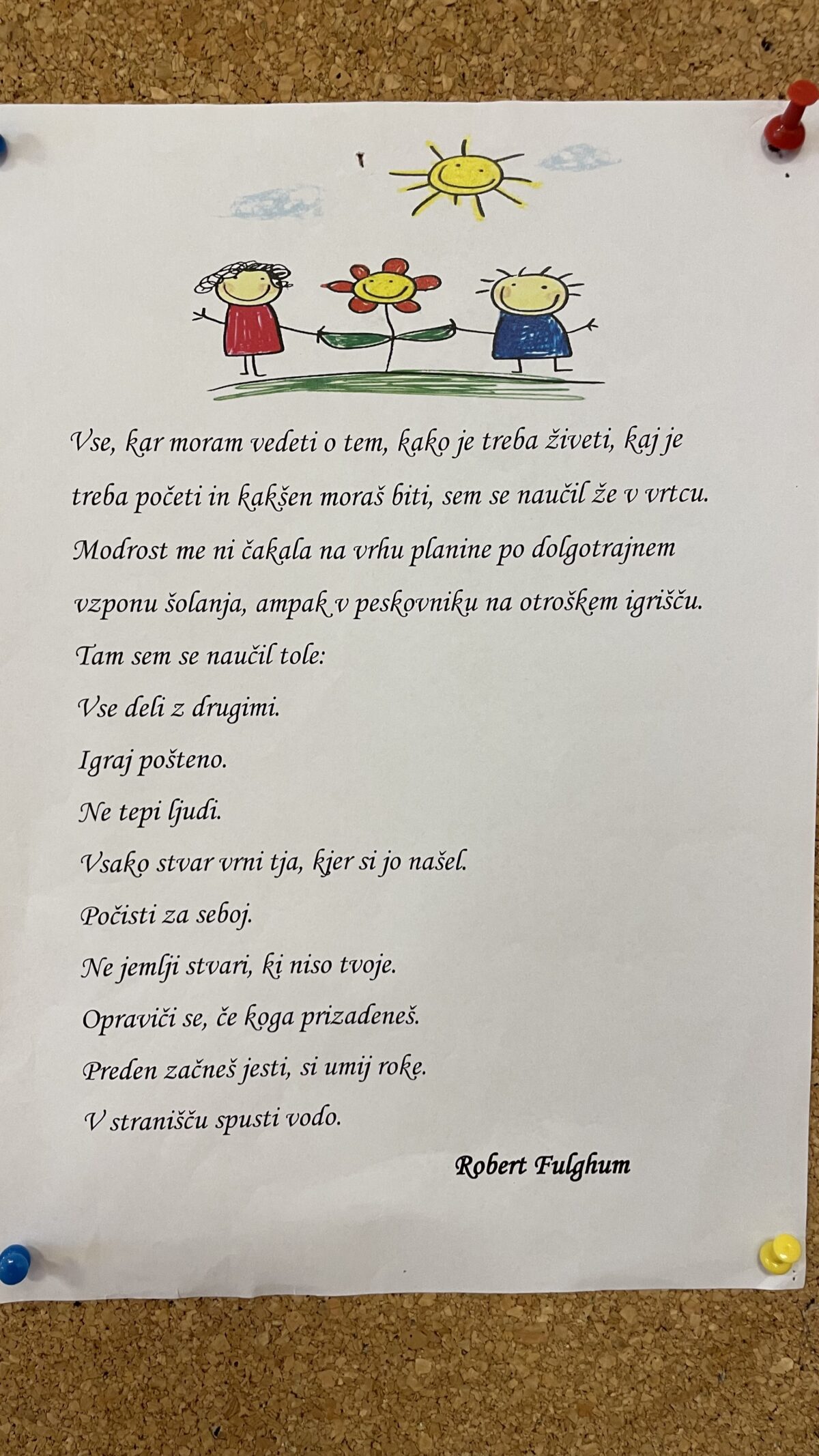 Napis oglasna deska sonček, J. Fulgham